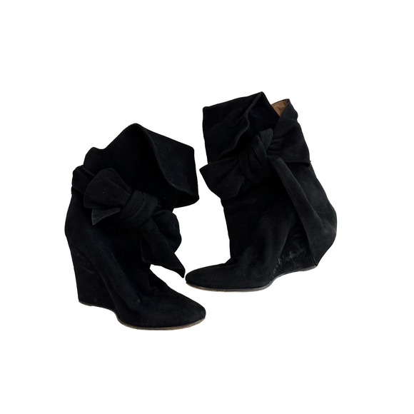 Chloè Black Suede Wrap Bow Booties Wedge Boots size 38 US 7.5 - Picture 1 of 11